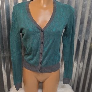 CAbi Teal and Gray Cardigan Sweater